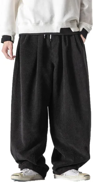 Men's Corduroy Harem Pants Drawstring Stretch Waist Loose Pants Wide Leg Baggy Tapered Trouser