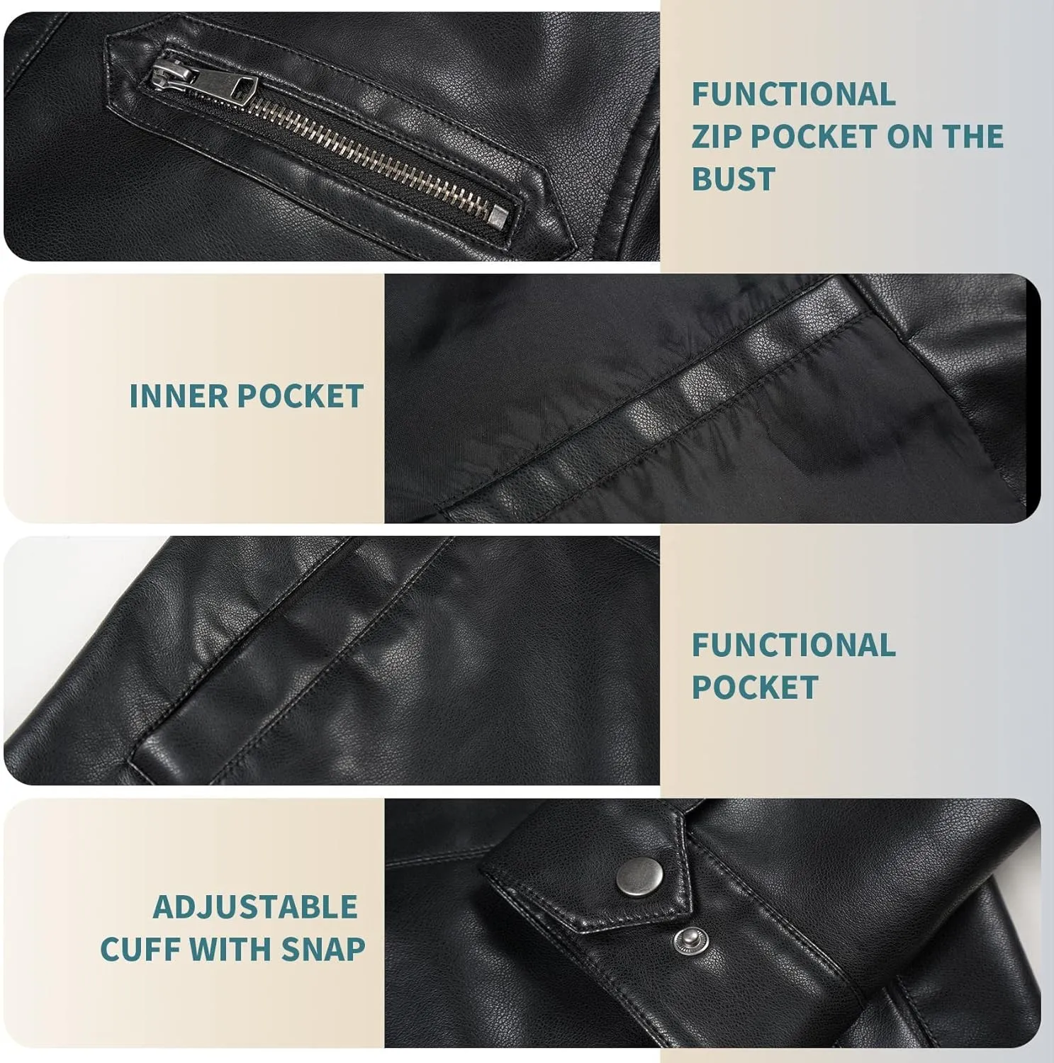 Mens Faux Leather Jacket, Padded Windbreaker, Motorcycle Biker Bomber Coat with Hood
