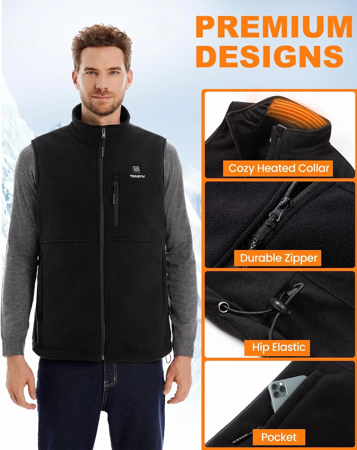 Men's Heated Vest, USB Electric Heated Polar Fleece Vest Lightweight Heating Vest (Battery Not Included)