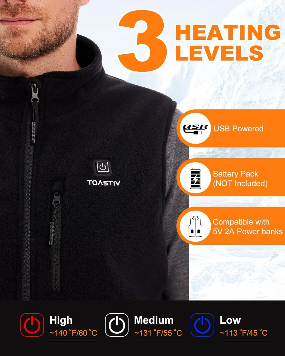Men's Heated Vest, USB Electric Heated Polar Fleece Vest Lightweight Heating Vest (Battery Not Included)
