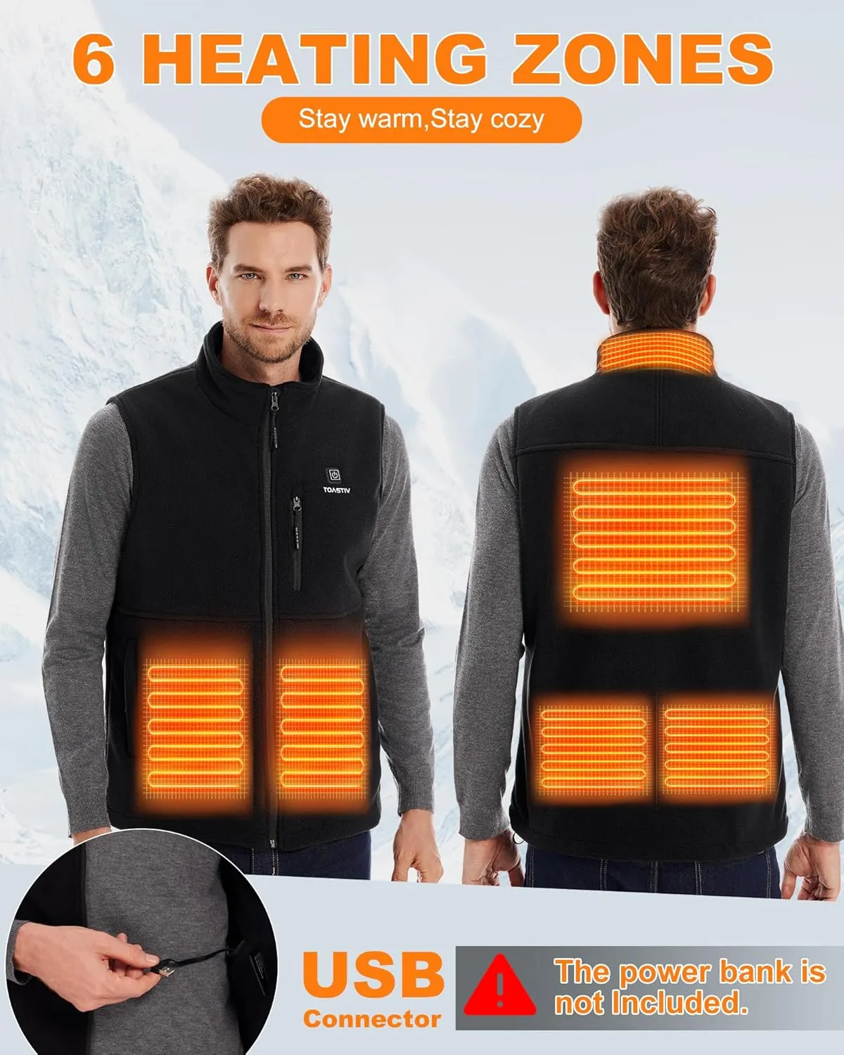 Men's Heated Vest, USB Electric Heated Polar Fleece Vest Lightweight Heating Vest (Battery Not Included)