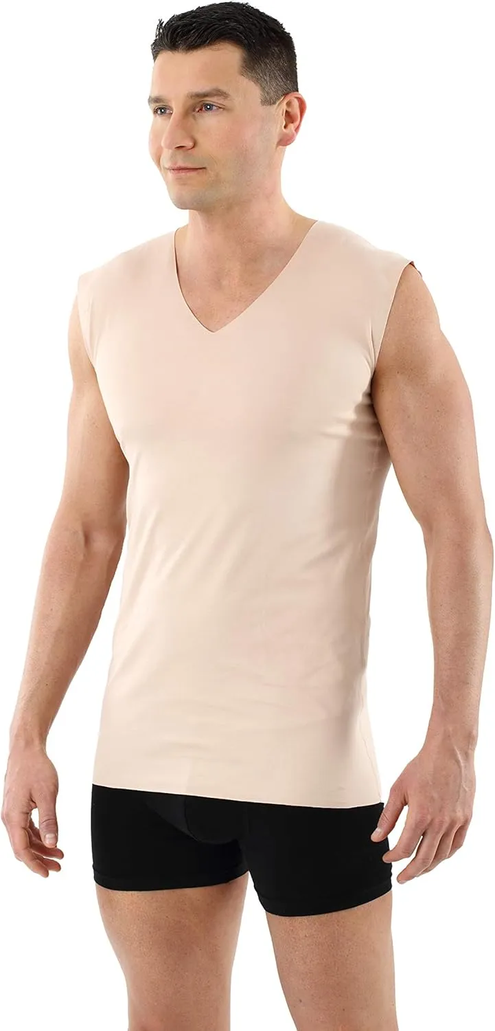 Men's Laser Cut Invisible Seamless v-Neck Undershirt Sleeveless Stretch Cotton Nude Beige