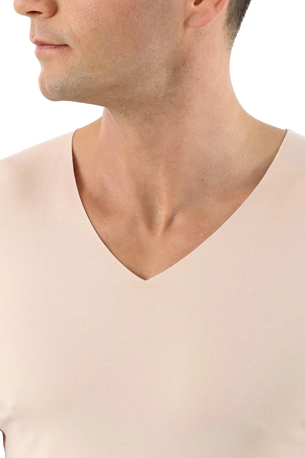 Men's Laser Cut Invisible Seamless v-Neck Undershirt Sleeveless Stretch Cotton Nude Beige