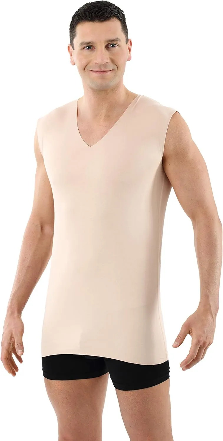Men's Laser Cut Invisible Seamless v-Neck Undershirt Sleeveless Stretch Cotton Nude Beige