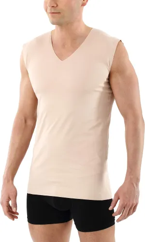 Men's Laser Cut Invisible Seamless v-Neck Undershirt Sleeveless Stretch Cotton Nude Beige