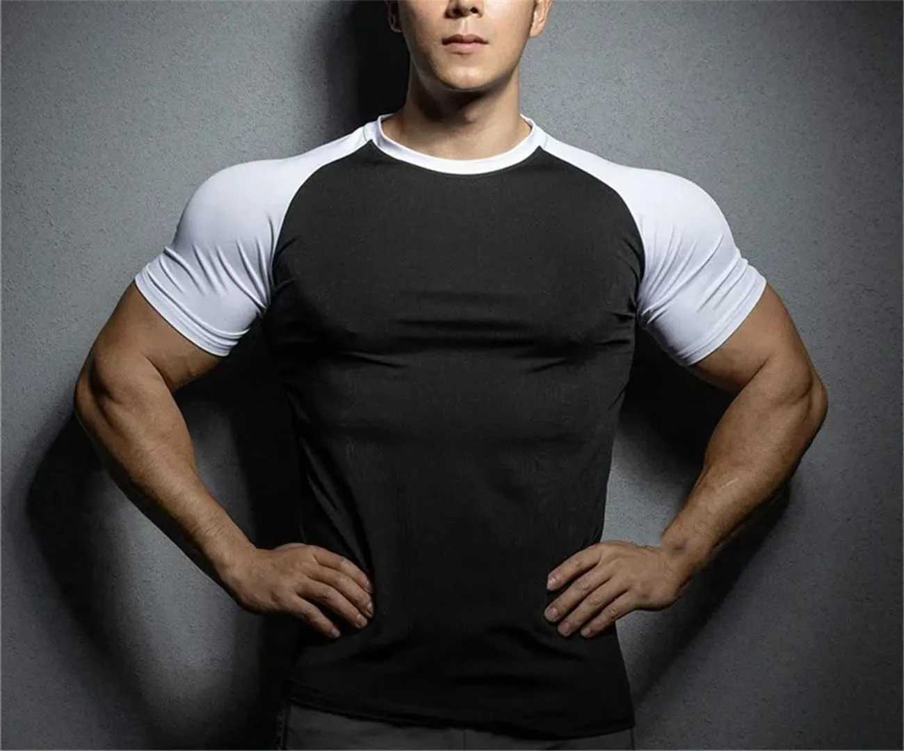Mens Quick Dry Running T Shirt Elastic Short Sleeve Solid Color Gym Training Top Leisure Sportswear