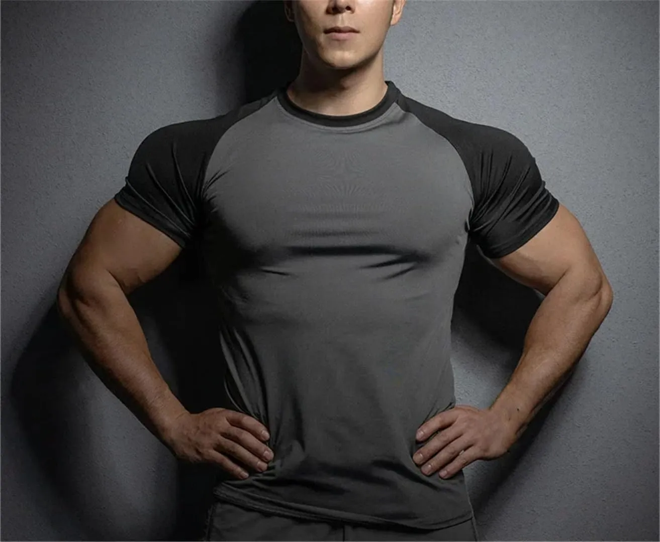 Mens Quick Dry Running T Shirt Elastic Short Sleeve Solid Color Gym Training Top Leisure Sportswear