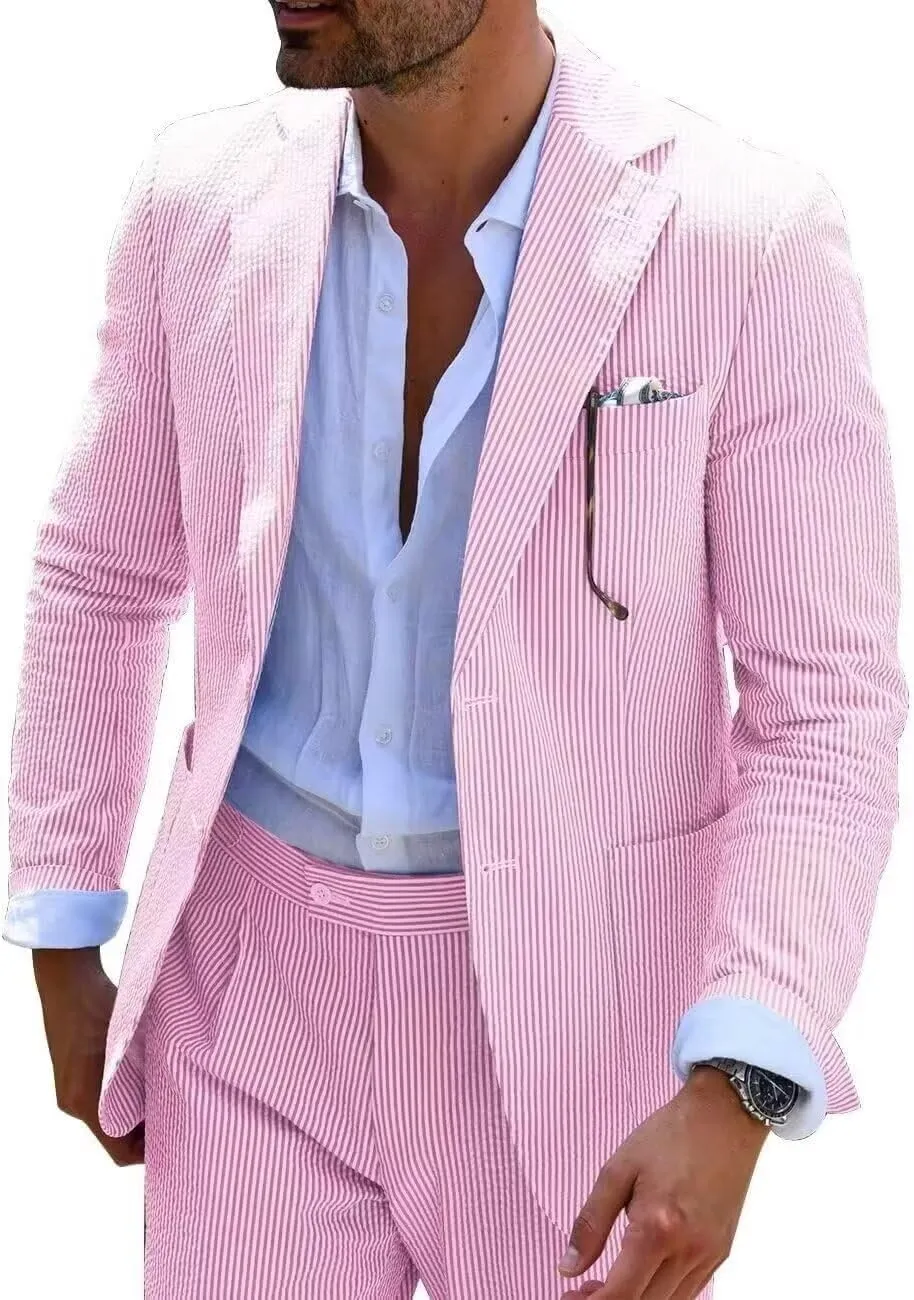 Mens Seersucker Suit Summer 2 Pieces Casual 2 Button Slim Fit Stripe Suits for Men Wedding Party Suit Jacket Pants