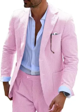 Mens Seersucker Suit Summer 2 Pieces Casual 2 Button Slim Fit Stripe Suits for Men Wedding Party Suit Jacket Pants