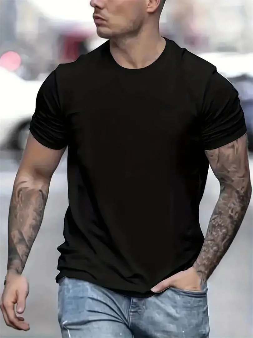 Men's Summer Loose Size Cotton T-Shirt Slim Fit Casual Round Neck Short Sleeve Top