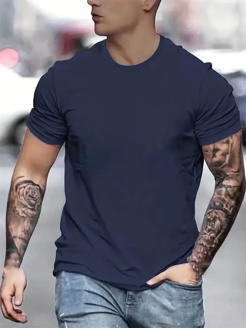 Men's Summer Loose Size Cotton T-Shirt Slim Fit Casual Round Neck Short Sleeve Top