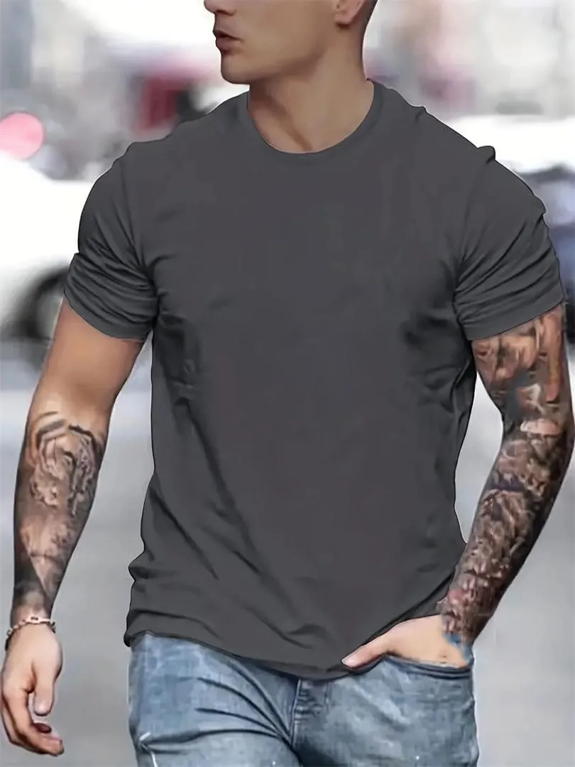 Men's Summer Loose Size Cotton T-Shirt Slim Fit Casual Round Neck Short Sleeve Top