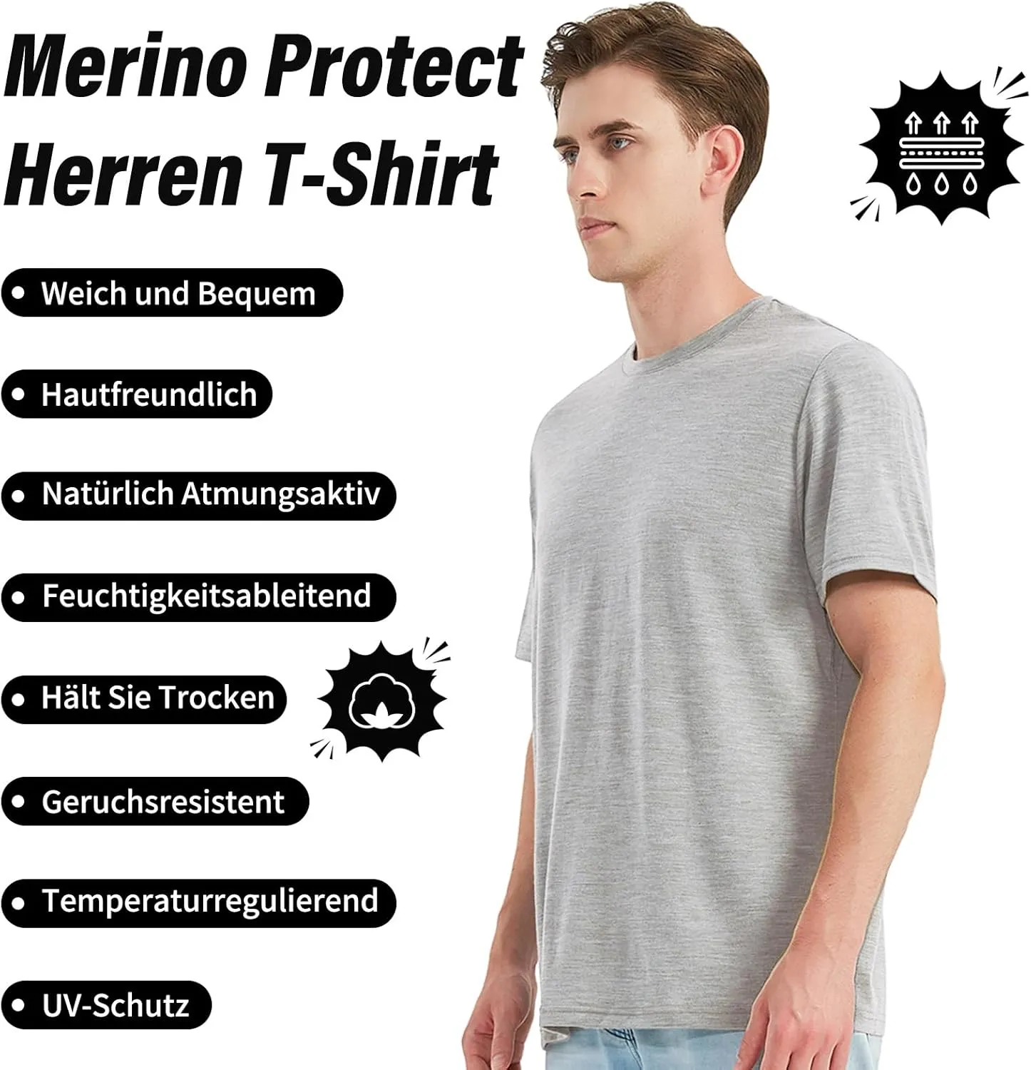Merino Protect 100% Merino Wool T-Shirt for Men Short Sleeve Slim Fit Undershirt Soft Lightweight Tee Shirt for Travel Hiking