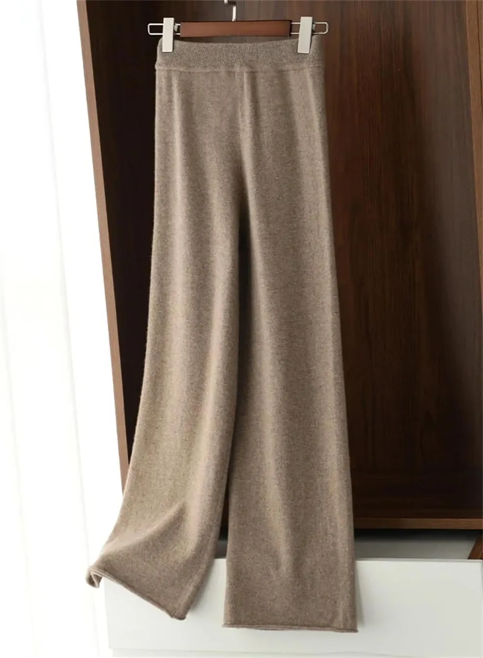 Merino Wool Wide Leg Pants for Women Spring High Waist Elastic Casual Trousers