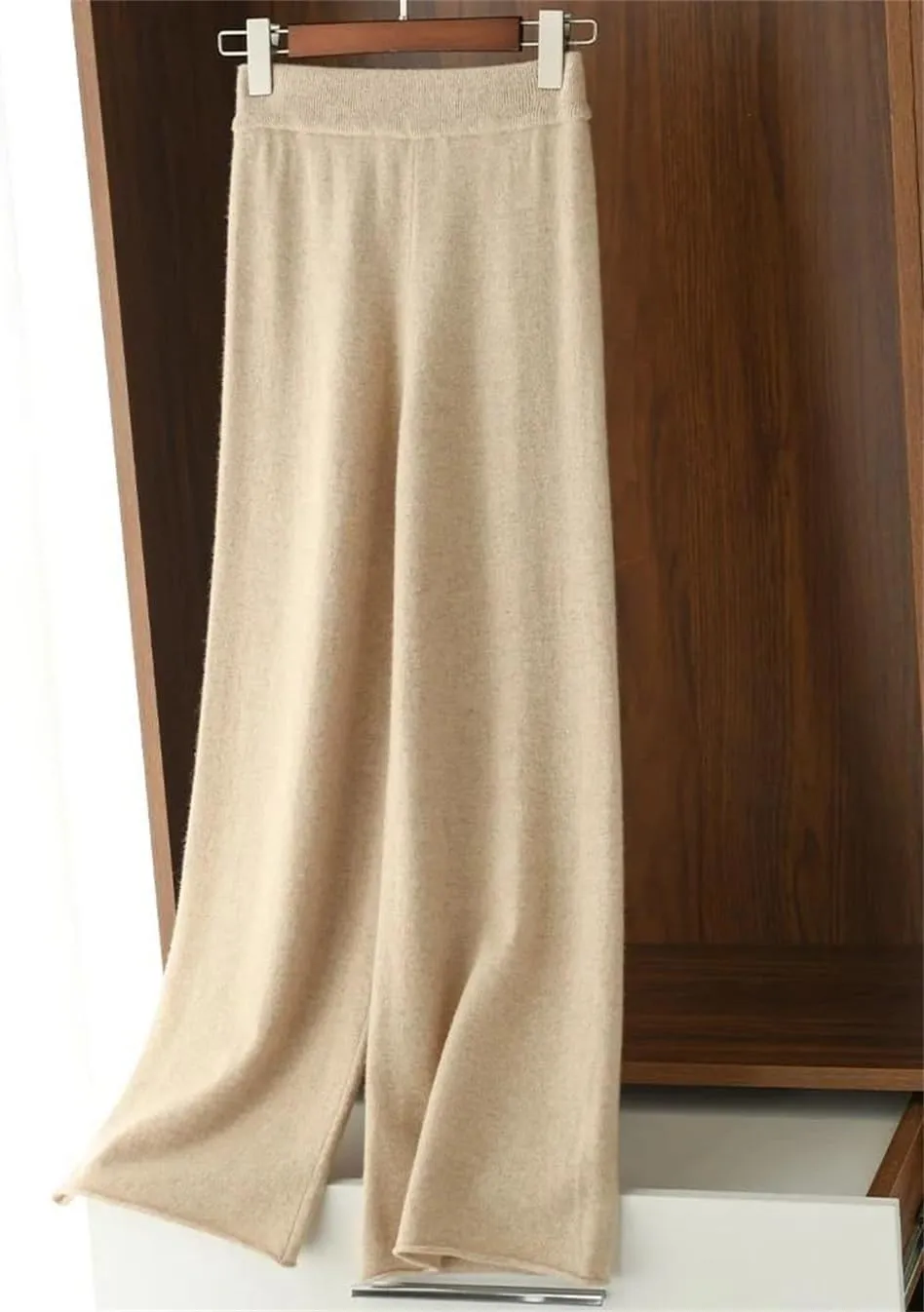 Merino Wool Wide Leg Pants for Women Spring High Waist Elastic Casual Trousers
