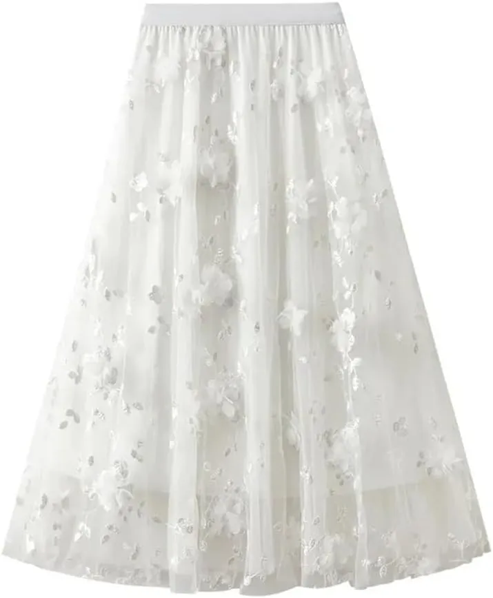 Mesh Skirt for Women Embroidery High Waist Pleated A-Line Midi Skirt