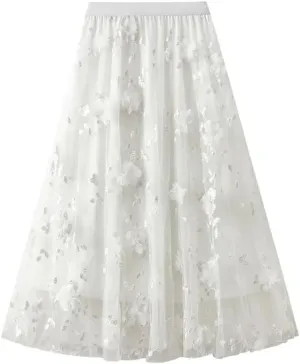 Mesh Skirt for Women Embroidery High Waist Pleated A-Line Midi Skirt