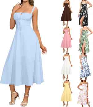 Milk Maid Dress for Women Floral Corset Flowy Slit Dresses Summer Boho Spaghetti Straps Square Neck Midi Dress