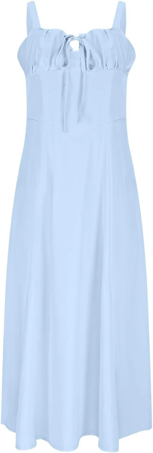 Milk Maid Dress for Women Floral Corset Flowy Slit Dresses Summer Boho Spaghetti Straps Square Neck Midi Dress