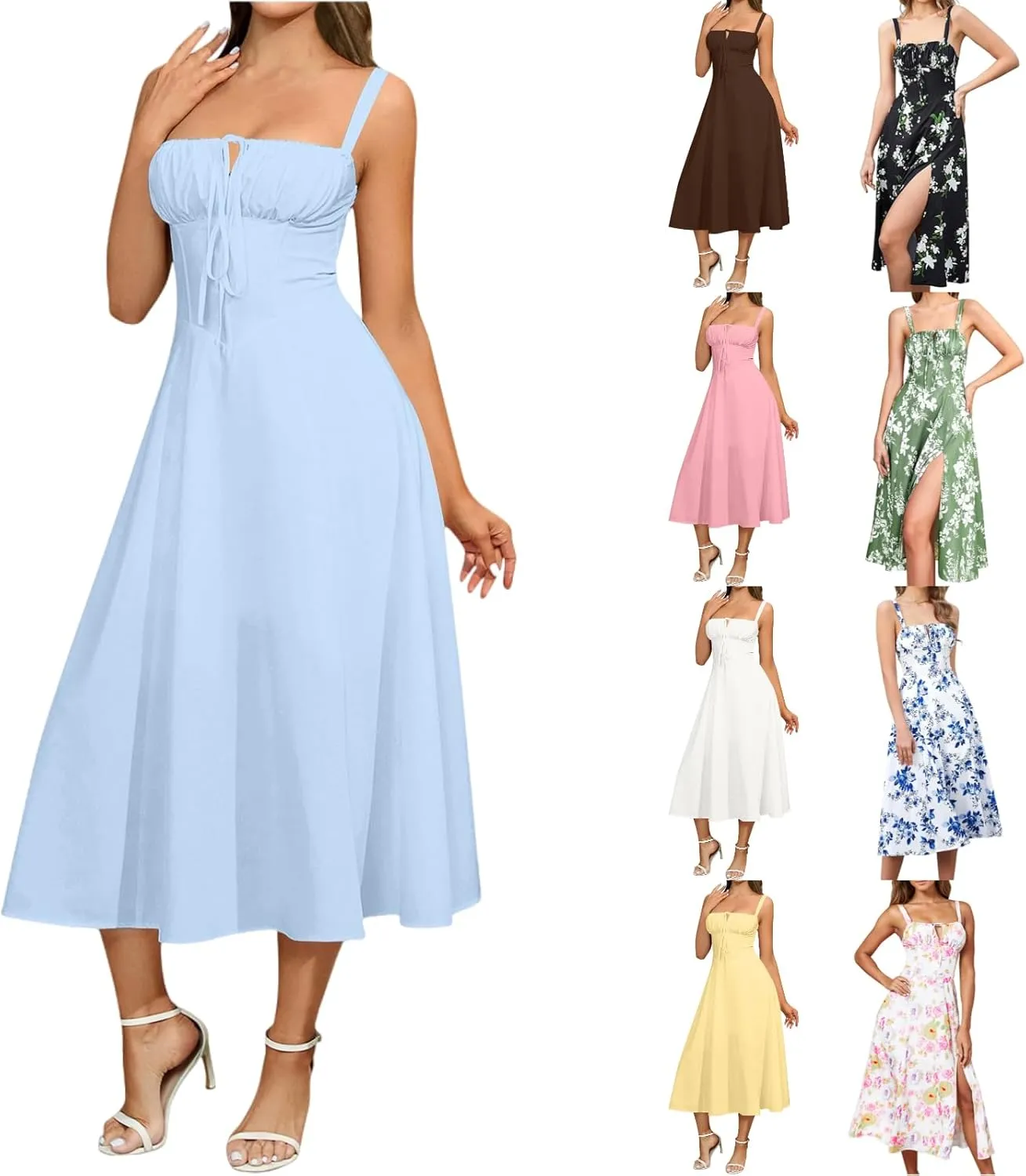 Milk Maid Dress for Women Floral Corset Flowy Slit Dresses Summer Boho Spaghetti Straps Square Neck Midi Dress