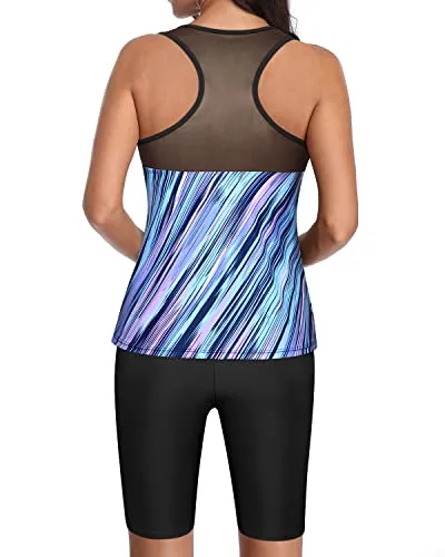 Modest Racerback Tankini Swimsuits Mesh And Long Swim Shorts-Blue And Black Stripe