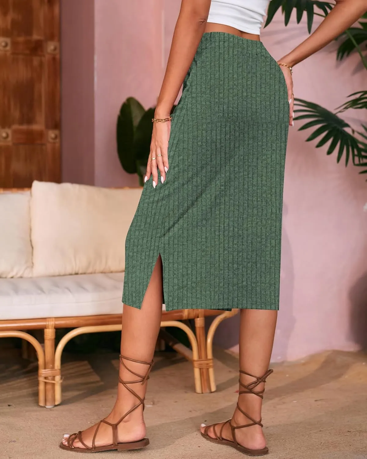 Naggoo Midi Skirts for Women Spring Summer Elastic High Waisted Side Slit Long Sweater Skirt