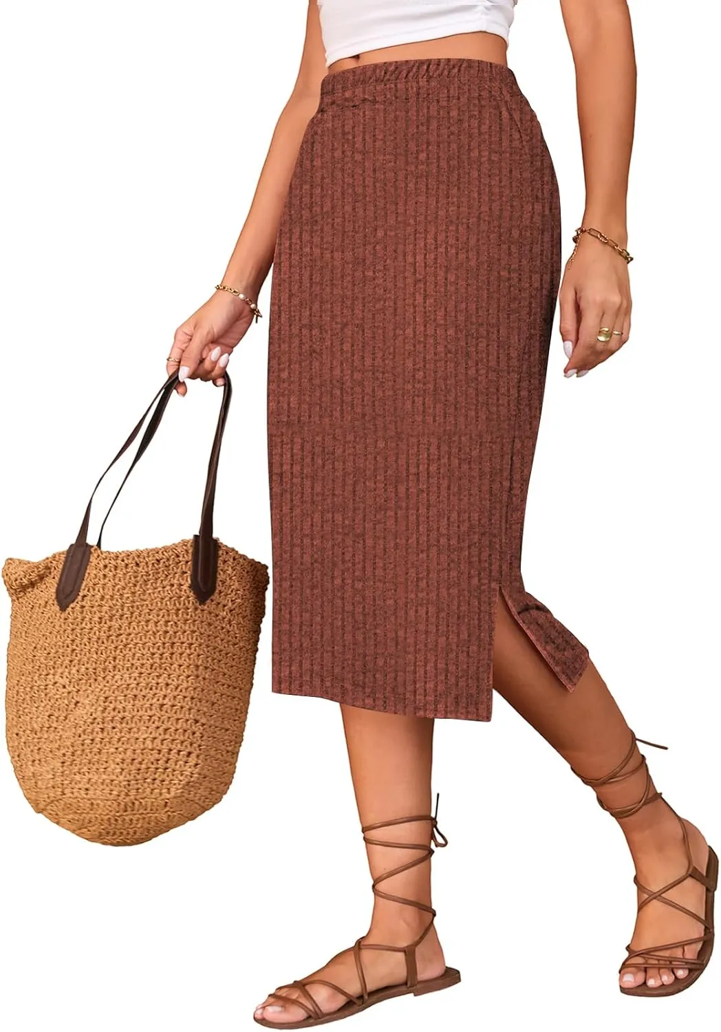 Naggoo Midi Skirts for Women Spring Summer Elastic High Waisted Side Slit Long Sweater Skirt