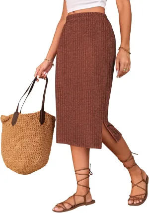 Naggoo Midi Skirts for Women Spring Summer Elastic High Waisted Side Slit Long Sweater Skirt