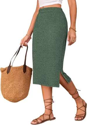 Naggoo Midi Skirts for Women Spring Summer Elastic High Waisted Side Slit Long Sweater Skirt
