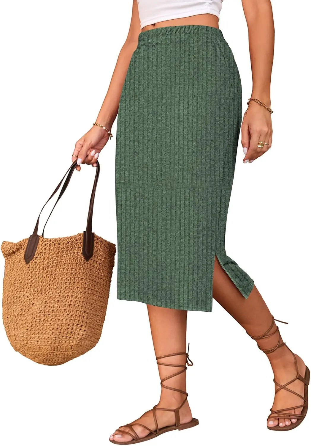 Naggoo Midi Skirts for Women Spring Summer Elastic High Waisted Side Slit Long Sweater Skirt