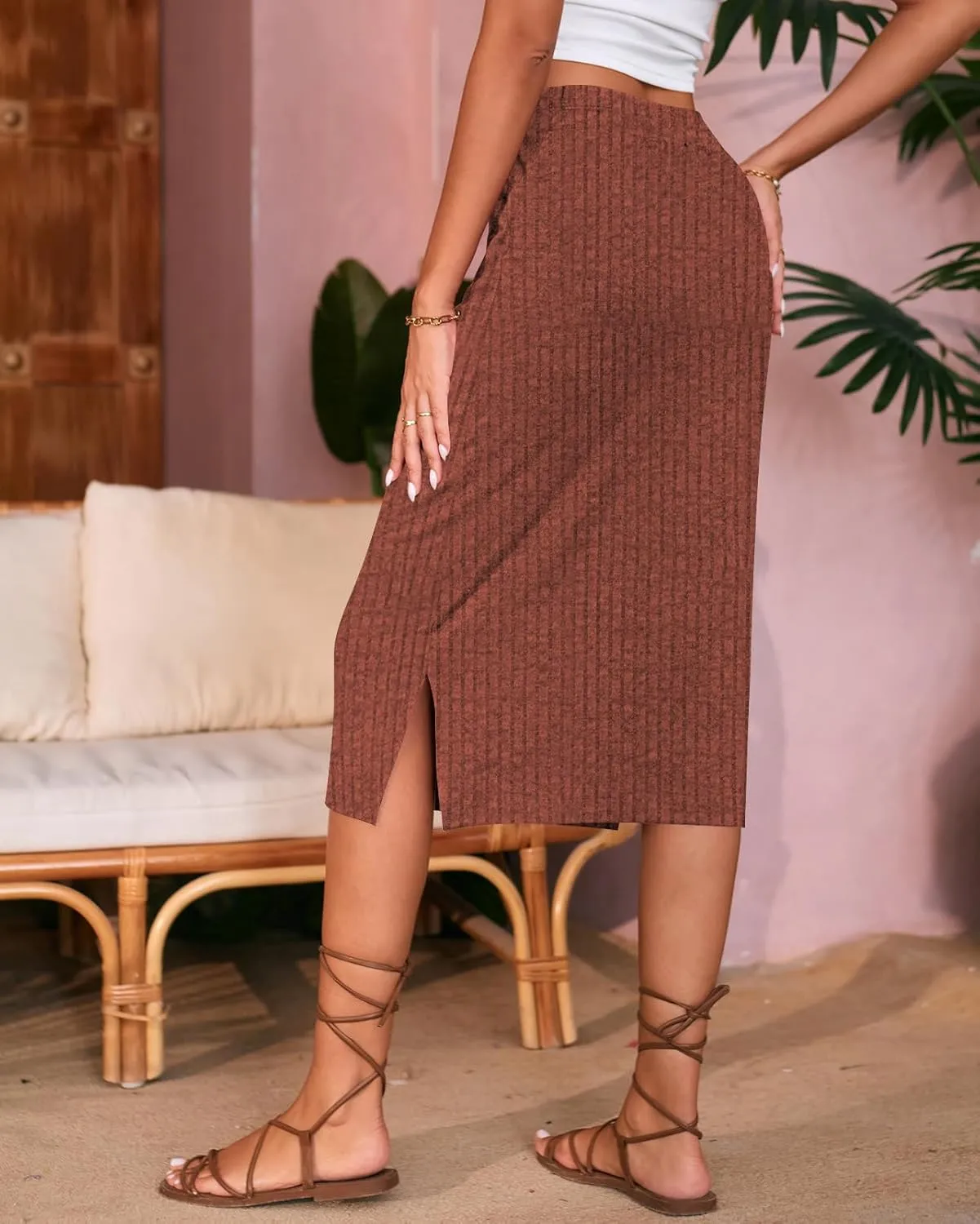 Naggoo Midi Skirts for Women Spring Summer Elastic High Waisted Side Slit Long Sweater Skirt
