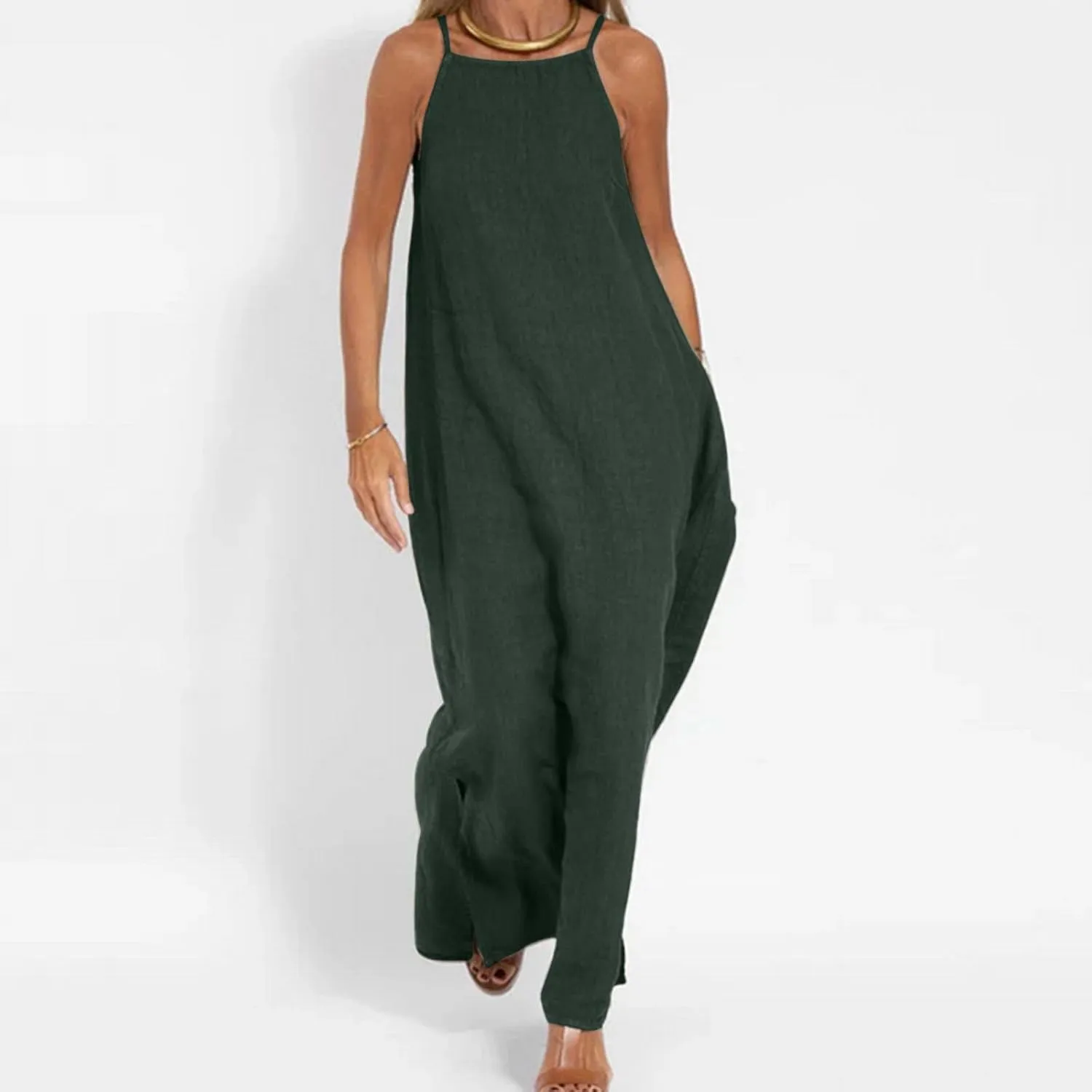 NaRHbrg Women's Sleeveless Maxi Dress Loose Fit Casual Beach Sundress Slit Hem Summer Long Dresses Sundress