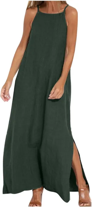NaRHbrg Women's Sleeveless Maxi Dress Loose Fit Casual Beach Sundress Slit Hem Summer Long Dresses Sundress