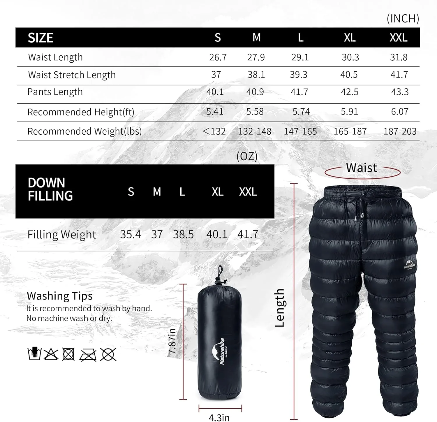 Naturehike Down Pants,Men's Women's Puffy Pants,Winter Warm Outdoor Men Women Ski Snow Pants,Camping Hiking Pants