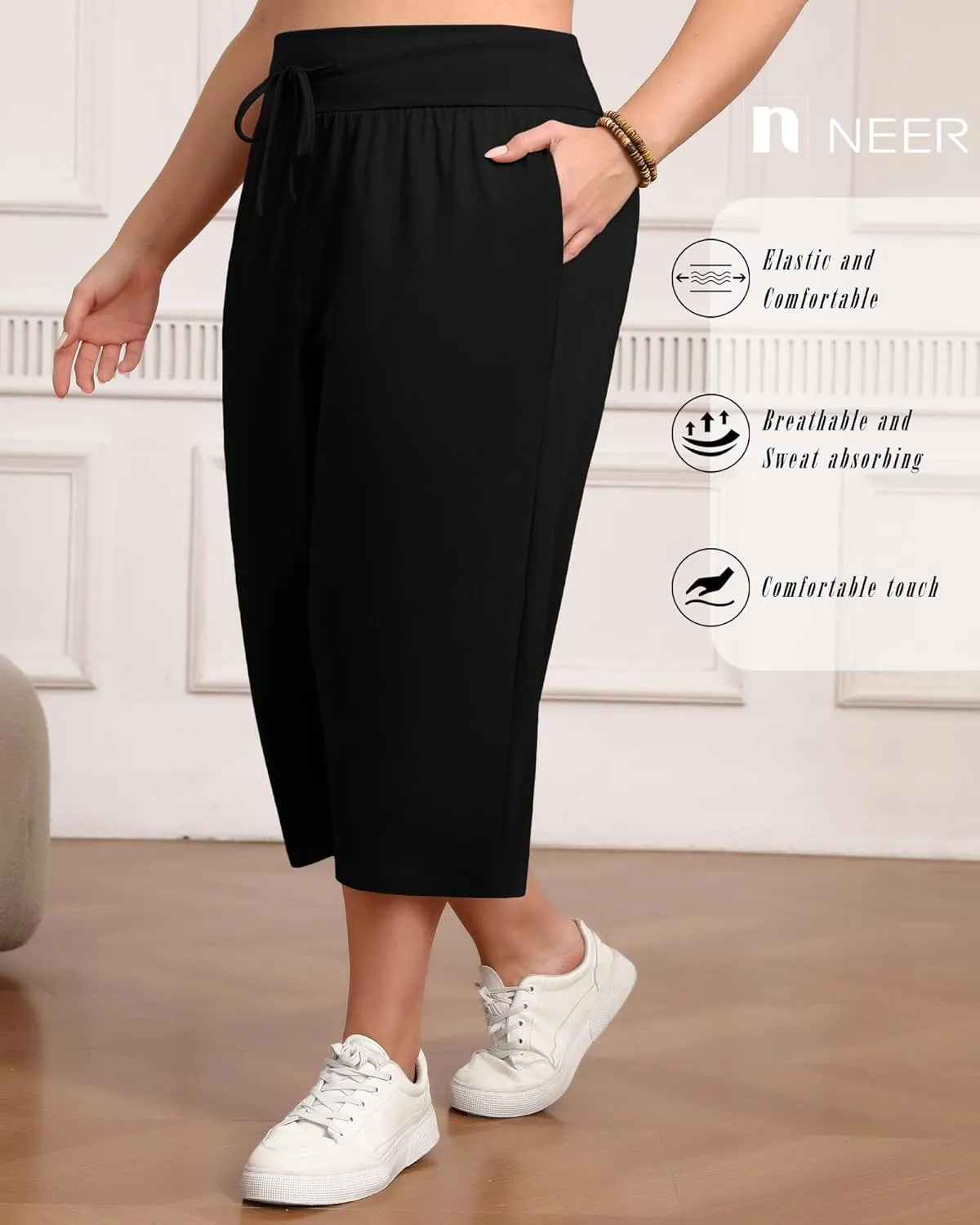 Neer 3 Pack Women's Capris Plus Size Yoga Lounge Pants Wide Leg High Waist Drawstring Cropped Cotton Sweatpants with Pockets