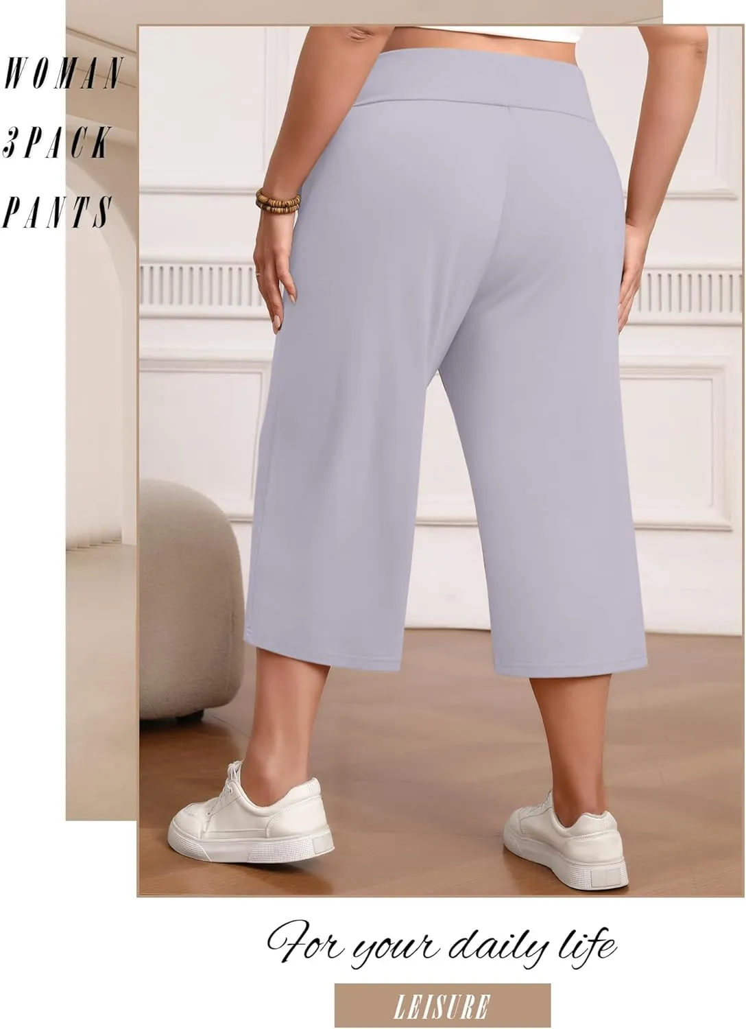 Neer 3 Pack Women's Capris Plus Size Yoga Lounge Pants Wide Leg High Waist Drawstring Cropped Cotton Sweatpants with Pockets