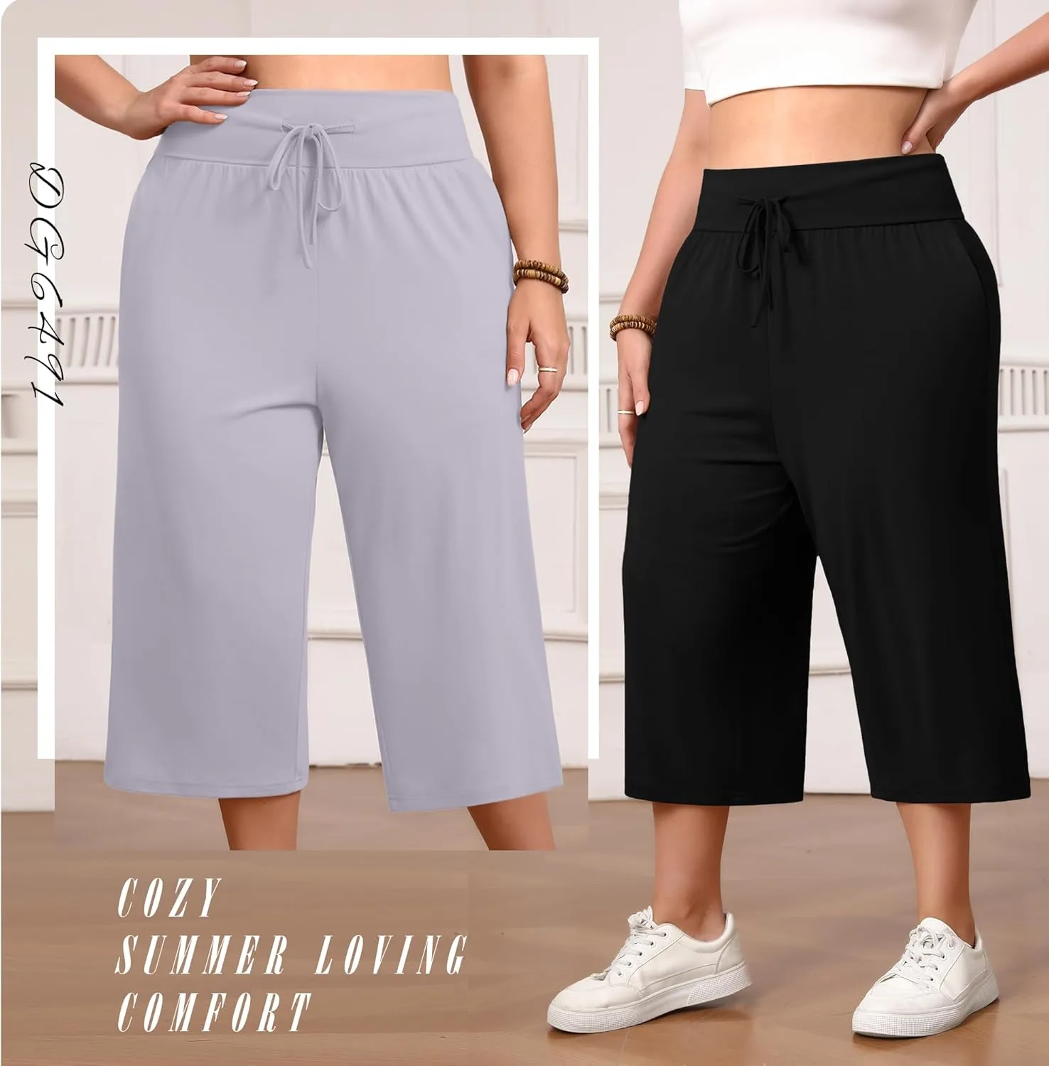 Neer 3 Pack Women's Capris Plus Size Yoga Lounge Pants Wide Leg High Waist Drawstring Cropped Cotton Sweatpants with Pockets
