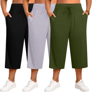 Neer 3 Pack Women's Capris Plus Size Yoga Lounge Pants Wide Leg High Waist Drawstring Cropped Cotton Sweatpants with Pockets