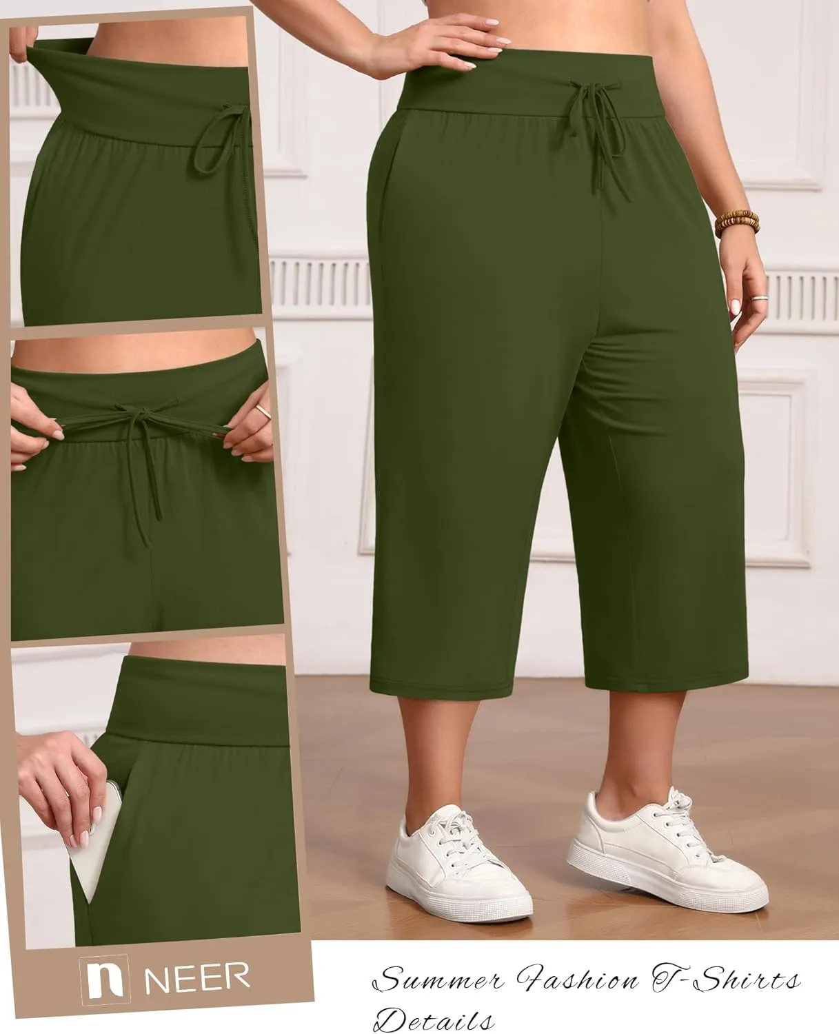 Neer 3 Pack Women's Capris Plus Size Yoga Lounge Pants Wide Leg High Waist Drawstring Cropped Cotton Sweatpants with Pockets