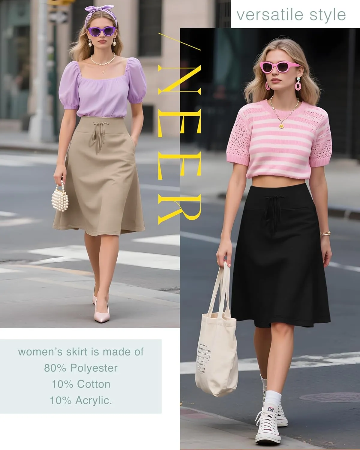 Neer 3 Pack Women's Knee Length Midi Skirts, Flowy Flared High Waisted A-Line Casual Drawstring Summer Skirts with Pockets