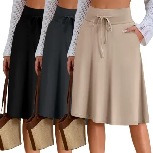 Neer 3 Pack Women's Knee Length Midi Skirts, Flowy Flared High Waisted A-Line Casual Drawstring Summer Skirts with Pockets
