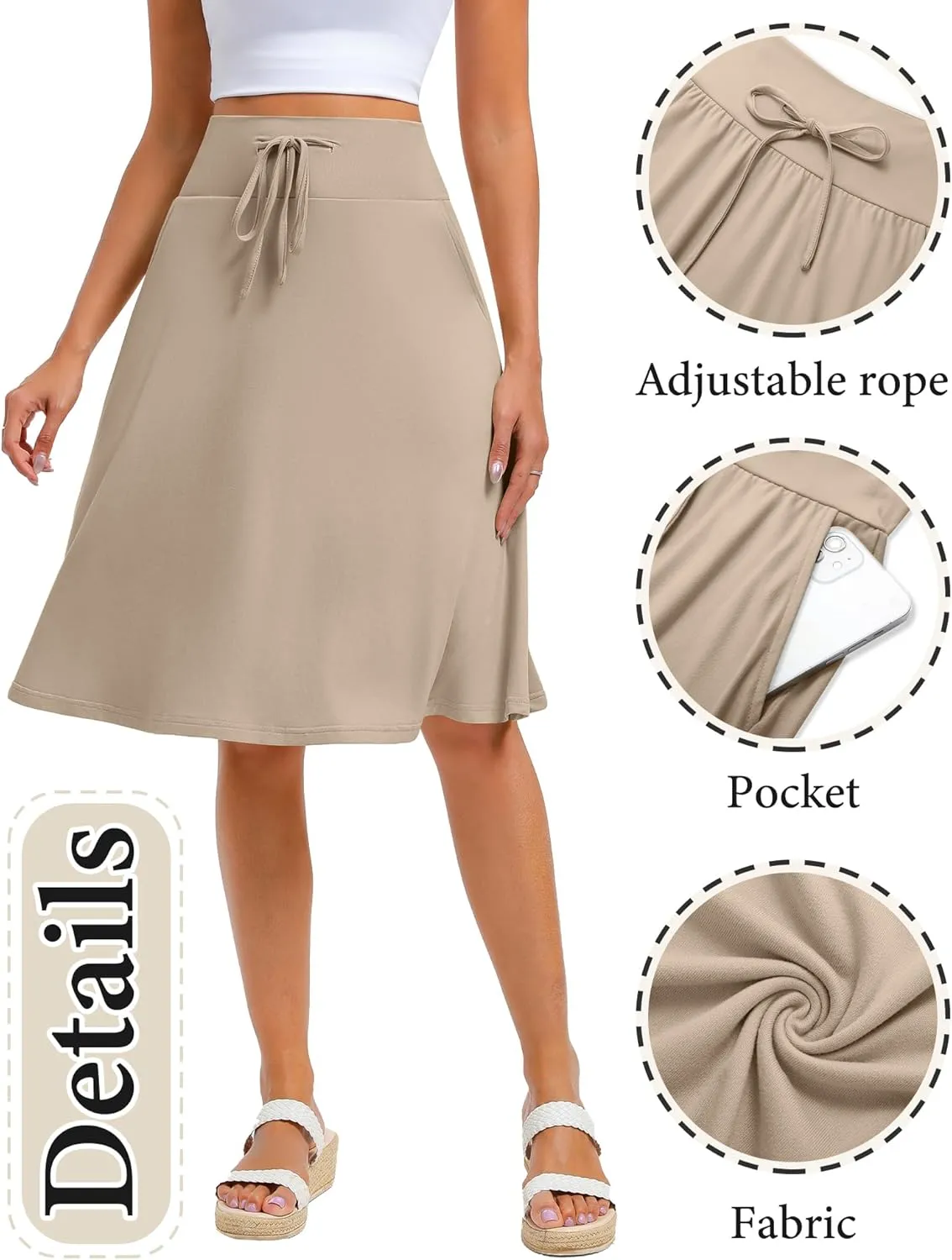 Neer 3 Pack Women's Knee Length Midi Skirts, Flowy Flared High Waisted A-Line Casual Drawstring Summer Skirts with Pockets