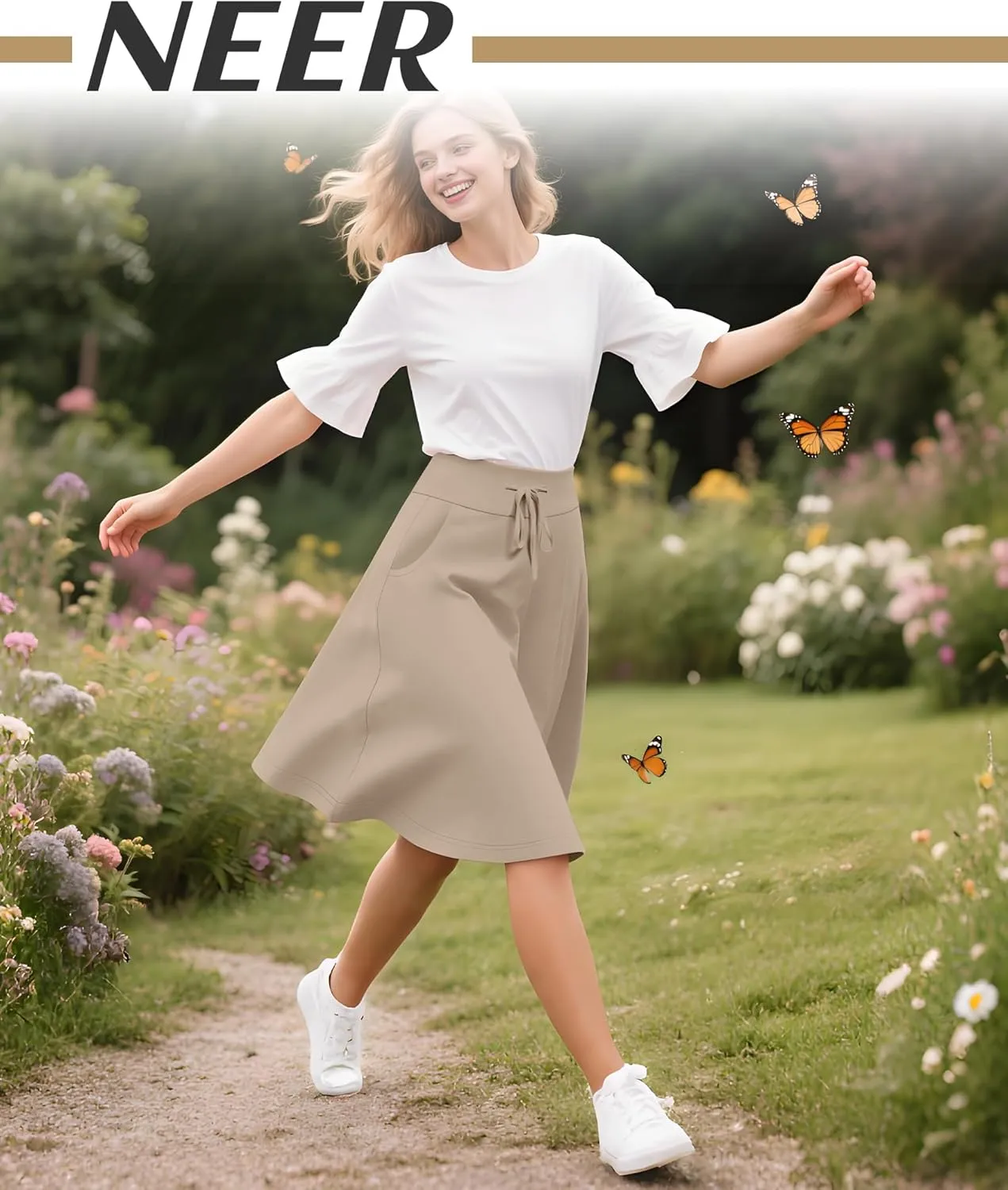 Neer 3 Pack Women's Knee Length Midi Skirts, Flowy Flared High Waisted A-Line Casual Drawstring Summer Skirts with Pockets