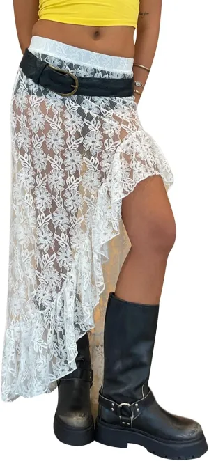 Nituyy Women Floral Lace Asymmetrical Hem Midi Skirts Casual Elastic Irregular Long Skirts Flowy Pleated See Through Dress