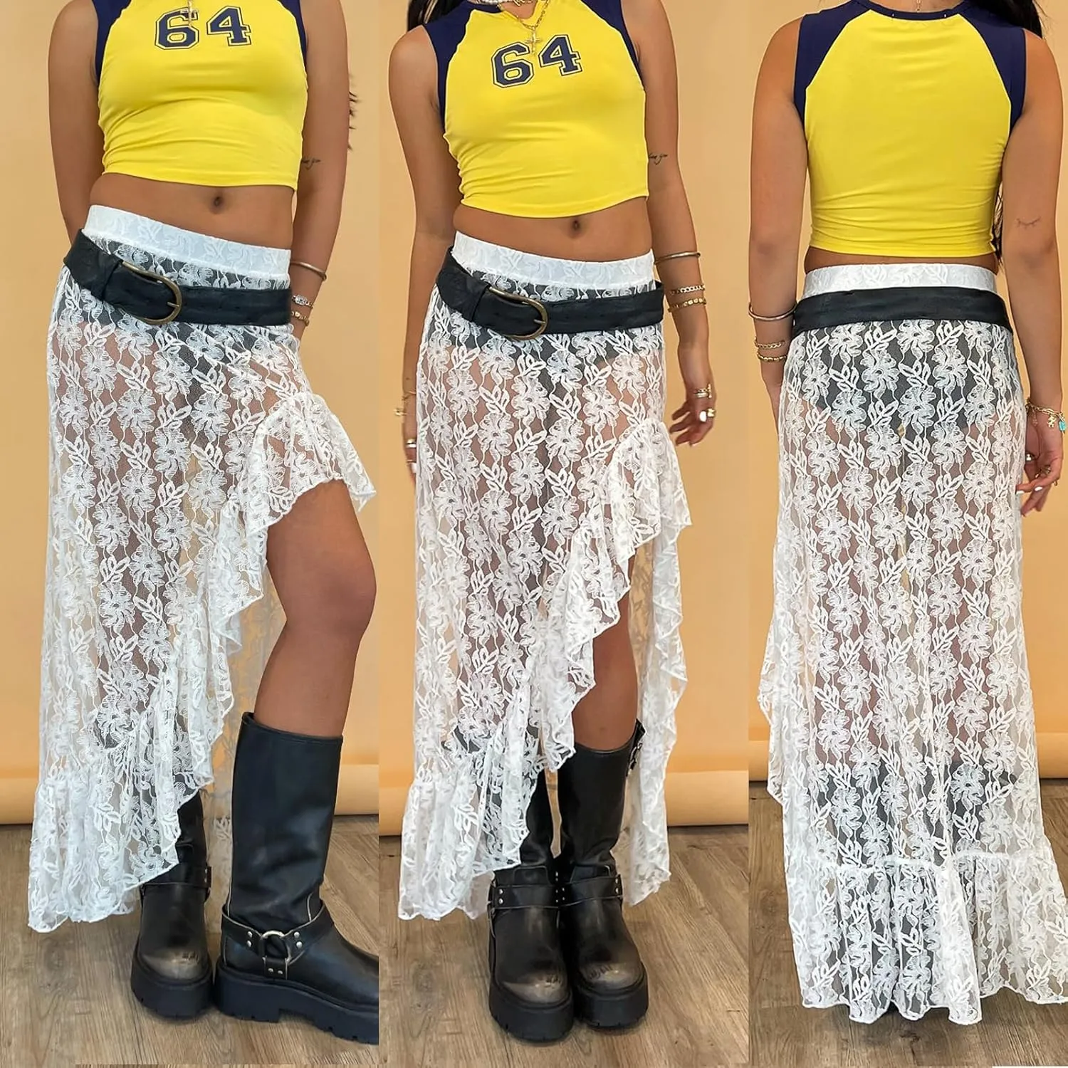 Nituyy Women Floral Lace Asymmetrical Hem Midi Skirts Casual Elastic Irregular Long Skirts Flowy Pleated See Through Dress