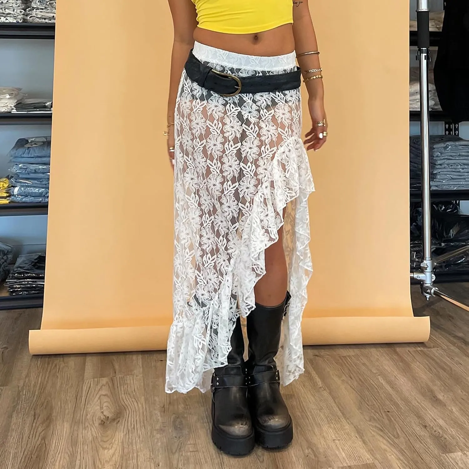 Nituyy Women Floral Lace Asymmetrical Hem Midi Skirts Casual Elastic Irregular Long Skirts Flowy Pleated See Through Dress
