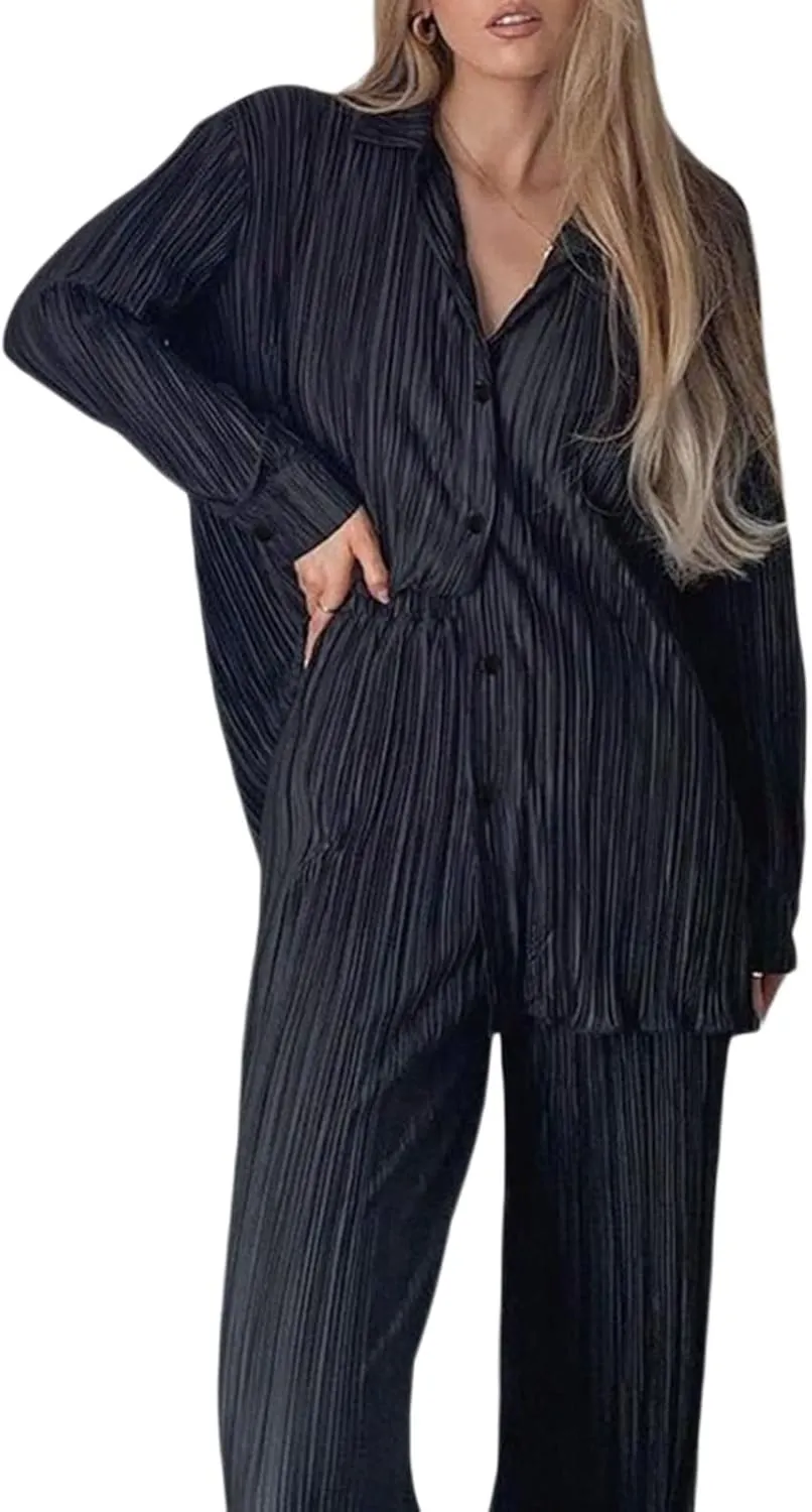 NUFIWI Women Oversized 2 Piece Outfits Pleated Long Sleeve Button Blouse Top Wide Leg Pants Sets Streetwear Loungwear