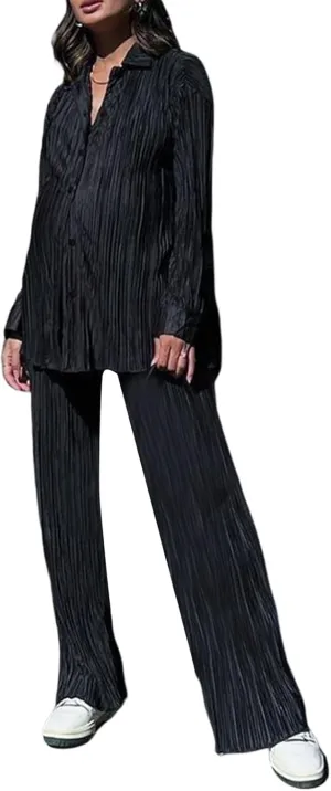 NUFIWI Women Oversized 2 Piece Outfits Pleated Long Sleeve Button Blouse Top Wide Leg Pants Sets Streetwear Loungwear
