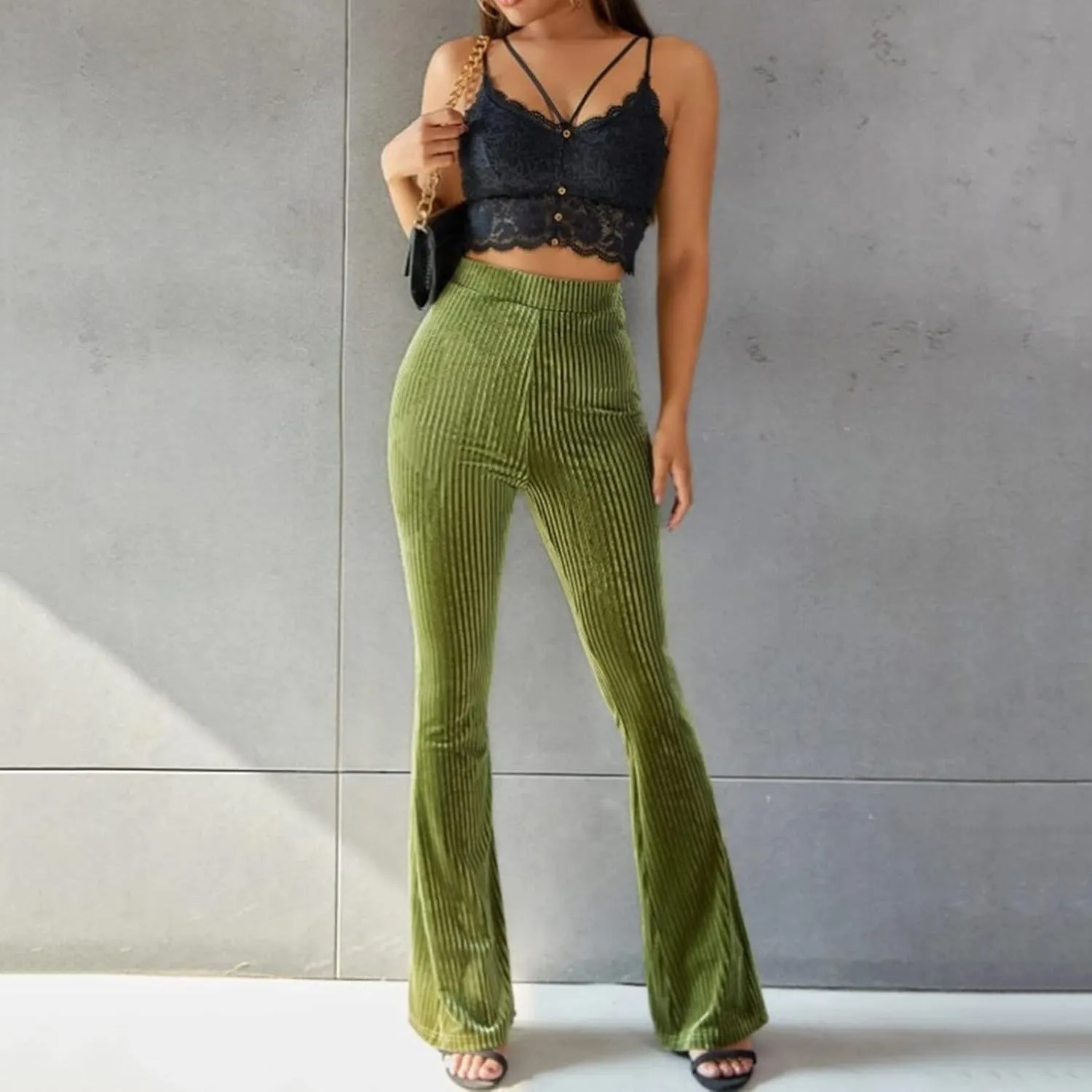 ODIZLI Women Velvet High Waisted Wide Leg Palazzo Flare Pants Solid Long Trousers