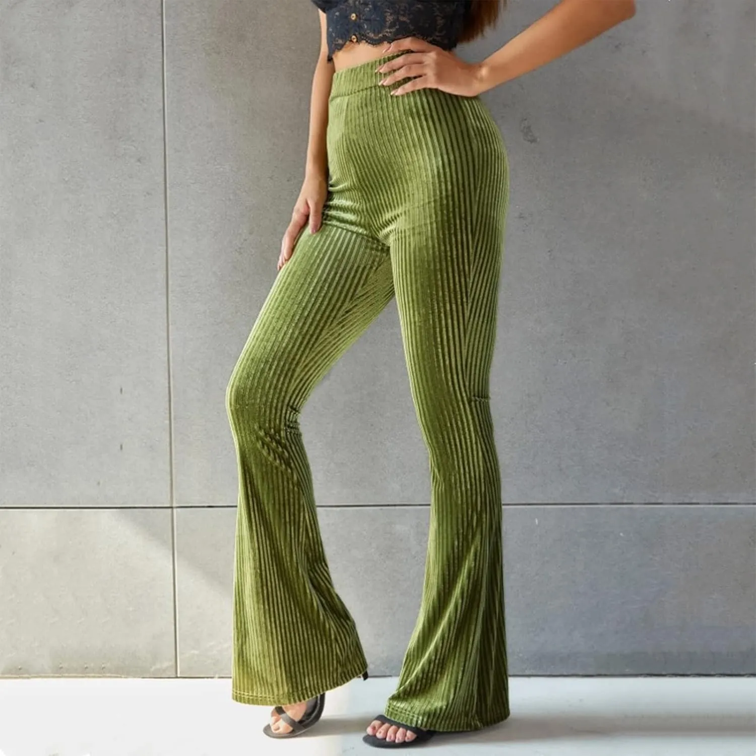 ODIZLI Women Velvet High Waisted Wide Leg Palazzo Flare Pants Solid Long Trousers